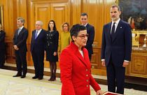 Arancha Gonzalez Laya takes her oath of office as Spain's new foreign minister during the swearing in ceremony at the Zarzuela Palace outside Madrid, Spain, Jan. 13, 2020
