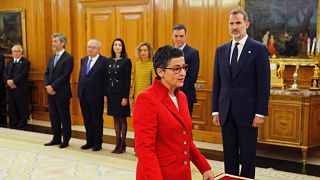 Arancha Gonzalez Laya takes her oath of office as Spain's new foreign minister during the swearing in ceremony at the Zarzuela Palace outside Madrid, Spain, Jan. 13, 2020