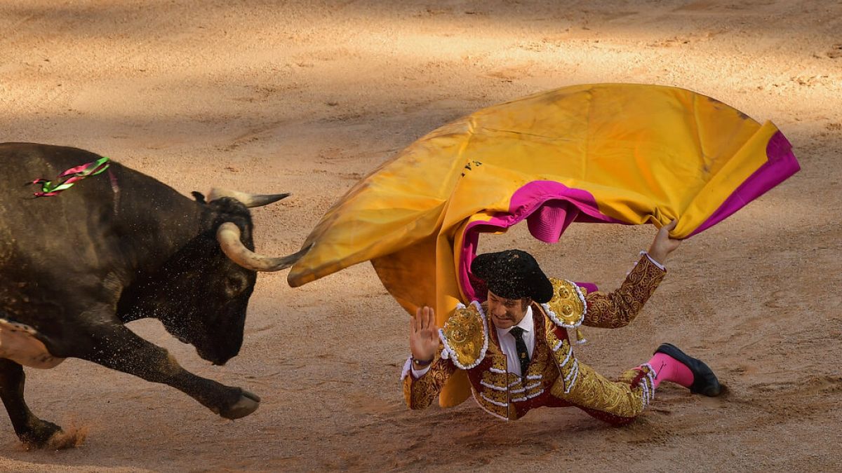 Spanish bullfighter Juan Leal falls in front a bull during a bullfight at the San Fermin Festival in Pamplona, northern Spain, Sunday, July 14, 2018.