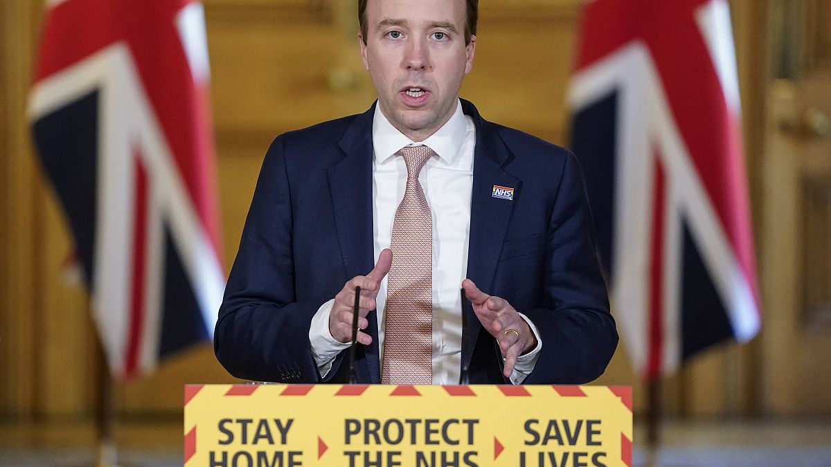 Britain's Health Secretary Matt Hancock attending a remote press conference on April 21, 2020.