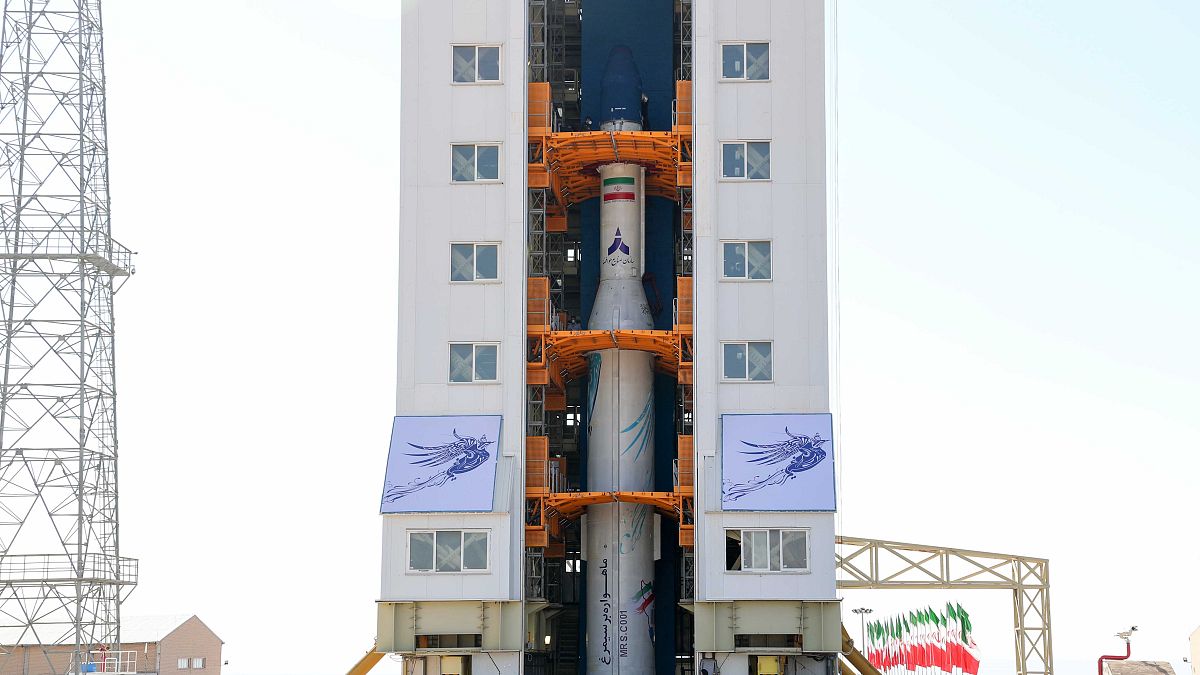 A handout picture released by Iran's Defence Ministry on February 9, 2020, shows the Zafar rocket, Persian for Victory, ahead of launch in February 2020