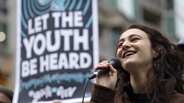 In this Monday, Oct. 29, 2018 file photo, Jamie Margolin, a high school student, speaks during a rally by youth activists and others in Seattle on Earth Day. In this Monday, Oct. 29, 2018 file photo, Jamie Margolin, a high school student, speaks during a rally by youth activists and others in Seattle on Earth Day.