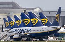 Ryanair passenger jets are seen on the tarmac at Dublin airport on March 23, 2020