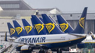 Ryanair passenger jets are seen on the tarmac at Dublin airport on March 23, 2020