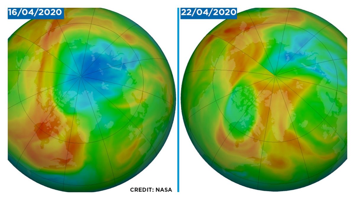 مقارنة بين ثقب الأوزون يوم 16 أبريل نيسان 2020 و22 من نفس الشهر
