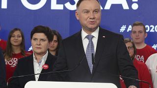 Poland's President Andrzej Duda, center, campaigning for his re-election in Warsaw, Poland. on February 19, 2020.