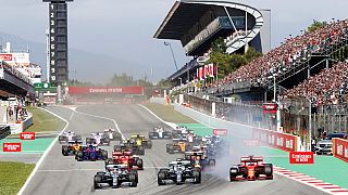 Mercedes driver Lewis Hamilton of Britain leads the field after the start of the Spanish Formula One race at the Barcelona Catalunya racetrack in Montmelo, Barcelona, Spain