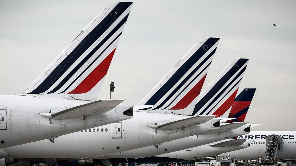 Des avions de la compagnie aérienne française Air France parqués sur le tarmac de l'aéroport de Roissy CDG, dans le nord de Paris, le 11 avril 2020.