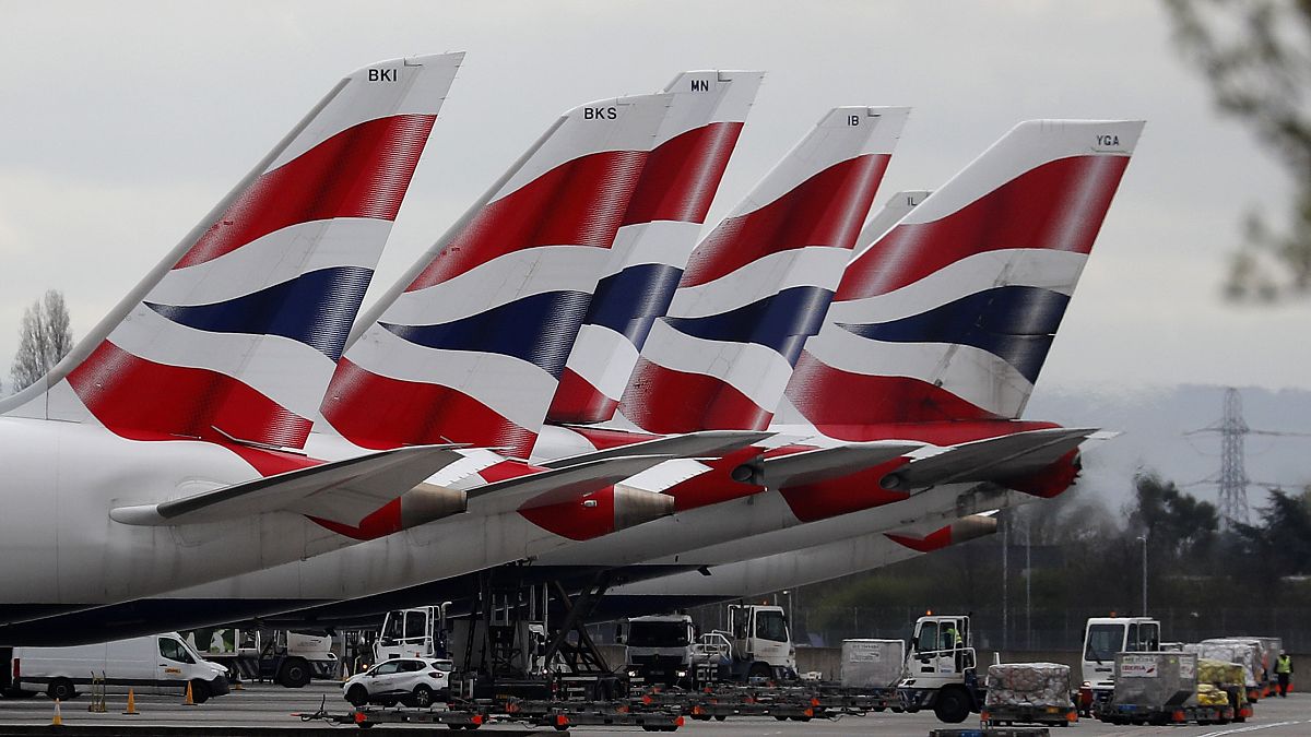 British Airways planes parked at Terminal 5 Heathrow airport in London in March 2020.