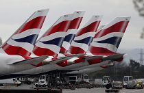 British Airways planes parked at Terminal 5 Heathrow airport in London in March 2020.