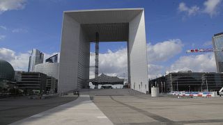 A view of the empty La Defense square in Paris, Wednesday, March 18, 2020.