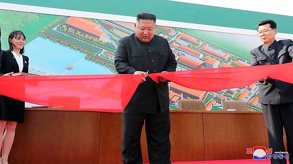 North Korean leader Kim Jong Un cuts a tape during a visit to a fertilizer factory in Sunchon, near Pyongyang. May 1, 2020. North Korean leader Kim Jong Un cuts a tape during a visit to a fertilizer factory in Sunchon, near Pyongyang. May 1, 2020.