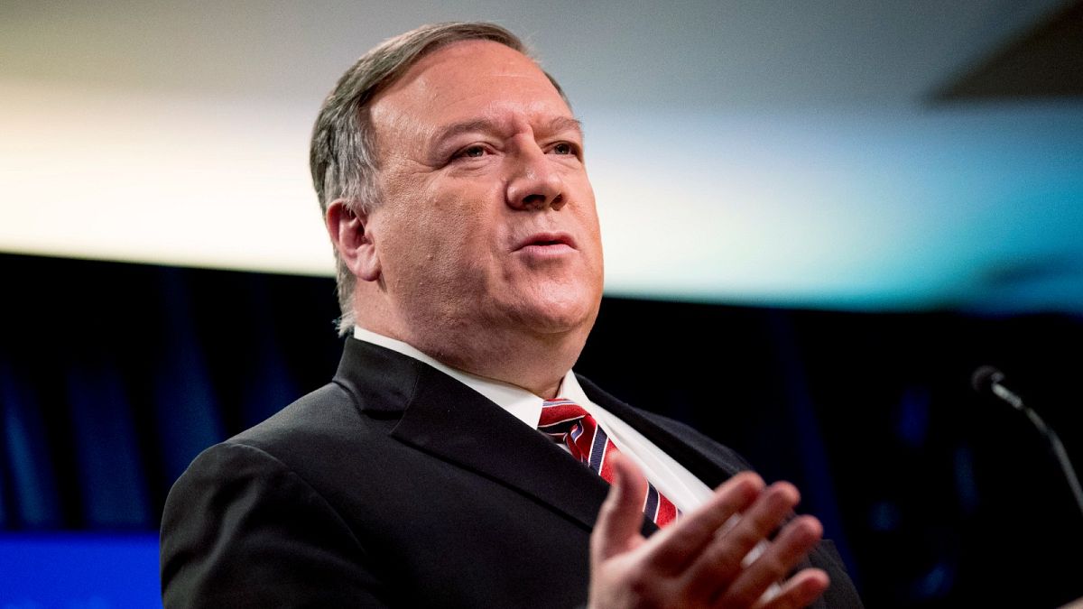 In this April 29, 2020 photo, US Secretary of State Mike Pompeo speaks at a news conference at the State Department in Washington