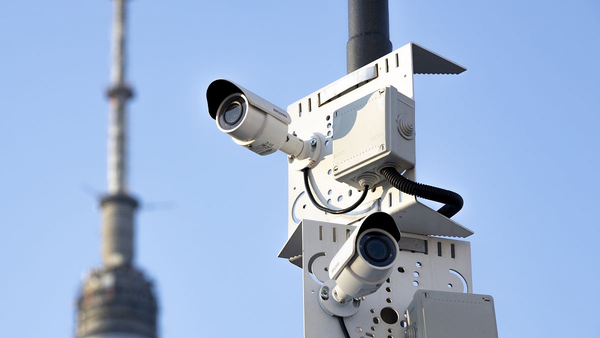 Two surveillance camera are seen in a street in Moscow, Russia in February 2020. 
