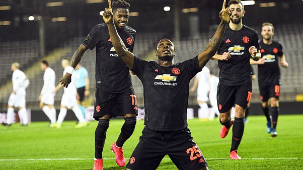 Odion Ighalo, a Manchester United játékosa gólt ünnepel a LASK Linz elleni zártkapus Európa-liga meccsen március 12-én Odion Ighalo, a Manchester United játékosa gólt ünnepel a LASK Linz elleni zártkapus Európa-liga meccsen március 12-én