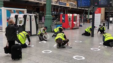 Social distancing preparations at Paris' Gare du Nord