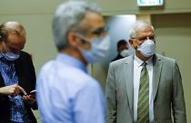 EU foreign policy chief Josep Borrell, right,  at the conclusion of a video conference of EU foreign affairs ministers in Brussels, Wednesday, April 22, 2020.