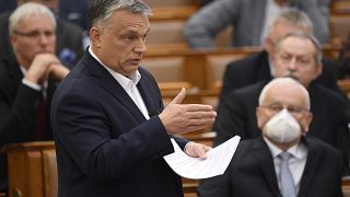 FILE - In this March 23, 2020, file photo, Hungarian Prime Minister Viktor Orban delivers a speech about the current state of the coronavirus outbreak.