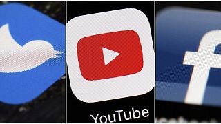 This combination of images shows logos for companies from left, Twitter, YouTube and Facebook