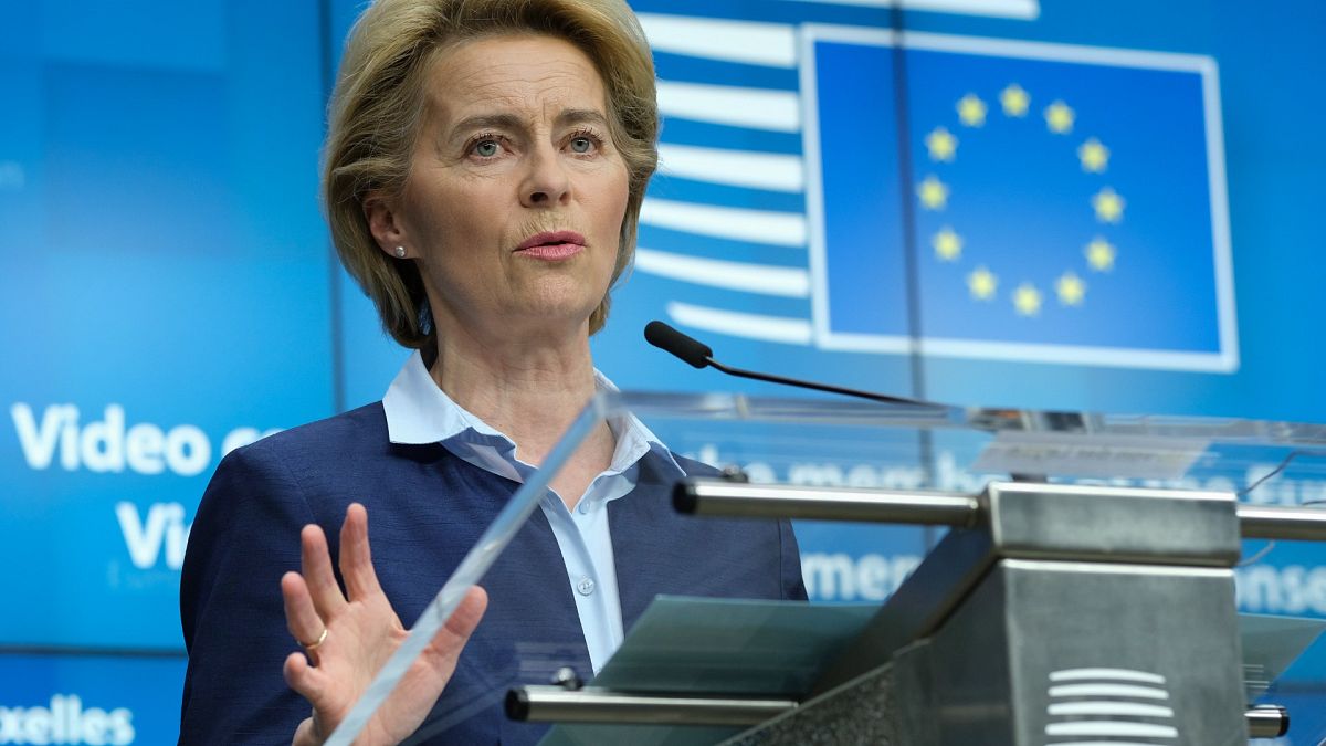 European Commission President Ursula von der Leyen in Brussels, Thursday, April 23, 2020.