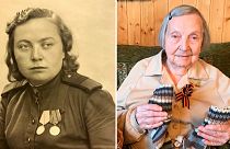 Zinaida Korneva nos tempos do Exército Vermelho e hoje, com 98 anos, e as meias para oferecer ao Capitão Tom