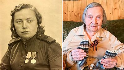 Zinaida Korneva nos tempos do Exército Vermelho e hoje, com 98 anos, e as meias para oferecer ao Capitão Tom