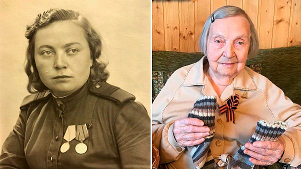 Zinaida Korneva nos tempos do Exército Vermelho e hoje, com 98 anos, e as meias para oferecer ao Capitão Tom Zinaida Korneva nos tempos do Exército Vermelho e hoje, com 98 anos, e as meias para oferecer ao Capitão Tom