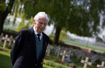 British World War II RAF veteran George Sutherland, 98, at the Lijssenthoek war cemetery in Belgium, May 8, 2020.