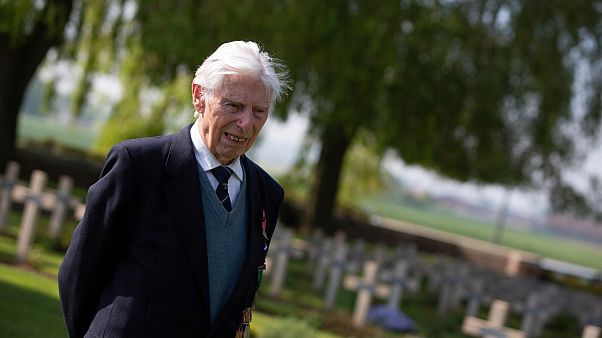 British World War II RAF veteran George Sutherland, 98, at the Lijssenthoek war cemetery in Belgium, May 8, 2020. British World War II RAF veteran George Sutherland, 98, at the Lijssenthoek war cemetery in Belgium, May 8, 2020.