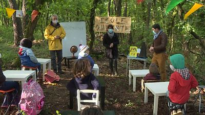 Children have lessons in woods as parents protest school not reopening