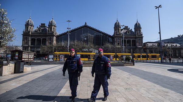 Police officers patrol in central Budapest, Hungary, 3 April, 2020. Police officers patrol in central Budapest, Hungary, 3 April, 2020.