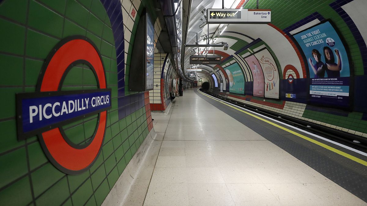 An empty platform at Piccadilly Circus tube station in London, Friday, March 20, 2020. 