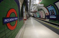 An empty platform at Piccadilly Circus tube station in London, Friday, March 20, 2020.