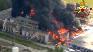 An image grabbed from a video taken by Vigili del Fuoco firefighters shows a blaze at an acetone chemical plant in Porto Marghera, near Venice, on May 15, 2020