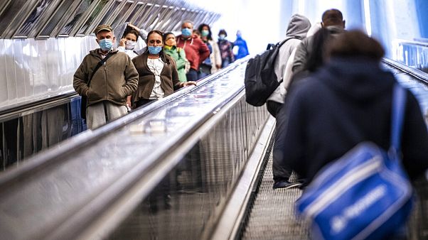 Passengers in a metro station, Budapest, April 27, 2020. Passengers in a metro station, Budapest, April 27, 2020.
