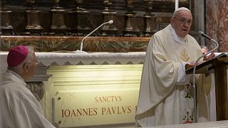 Pope Francis celebrates a private mass to mark the 100th anniversary of the birth of late Pope John Paul II. Rome, May 18, 2020.