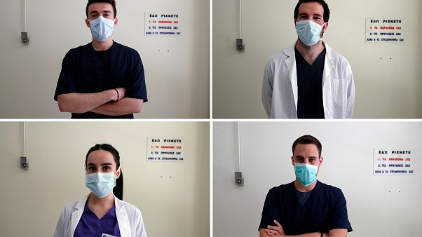 Nikolaos Katsanakis, top left, Ilias Sinanidis, top right, Anna Karagiannakou, bottom left, and Konstantinos Koufatzidis pose at the entrance of the COVID-19 Clinic at Sotiria Nikolaos Katsanakis, top left, Ilias Sinanidis, top right, Anna Karagiannakou, bottom left, and Konstantinos Koufatzidis pose at the entrance of the COVID-19 Clinic at Sotiria