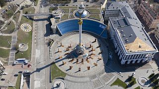 Independence Square with the Independence victory column, center, and the Conservatory building on the right is seen in Kyiv, Ukraine