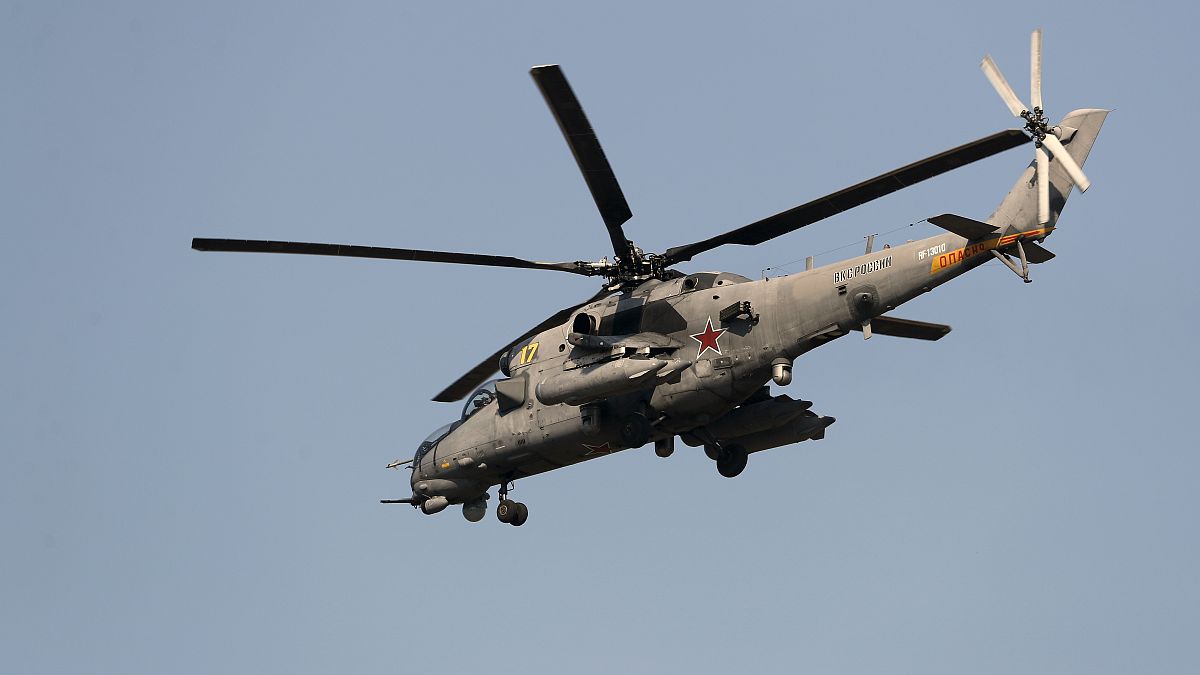 A Russian army helicopter MI-35 during a military parade near Belgrade, Serbia on October 19, 2019.