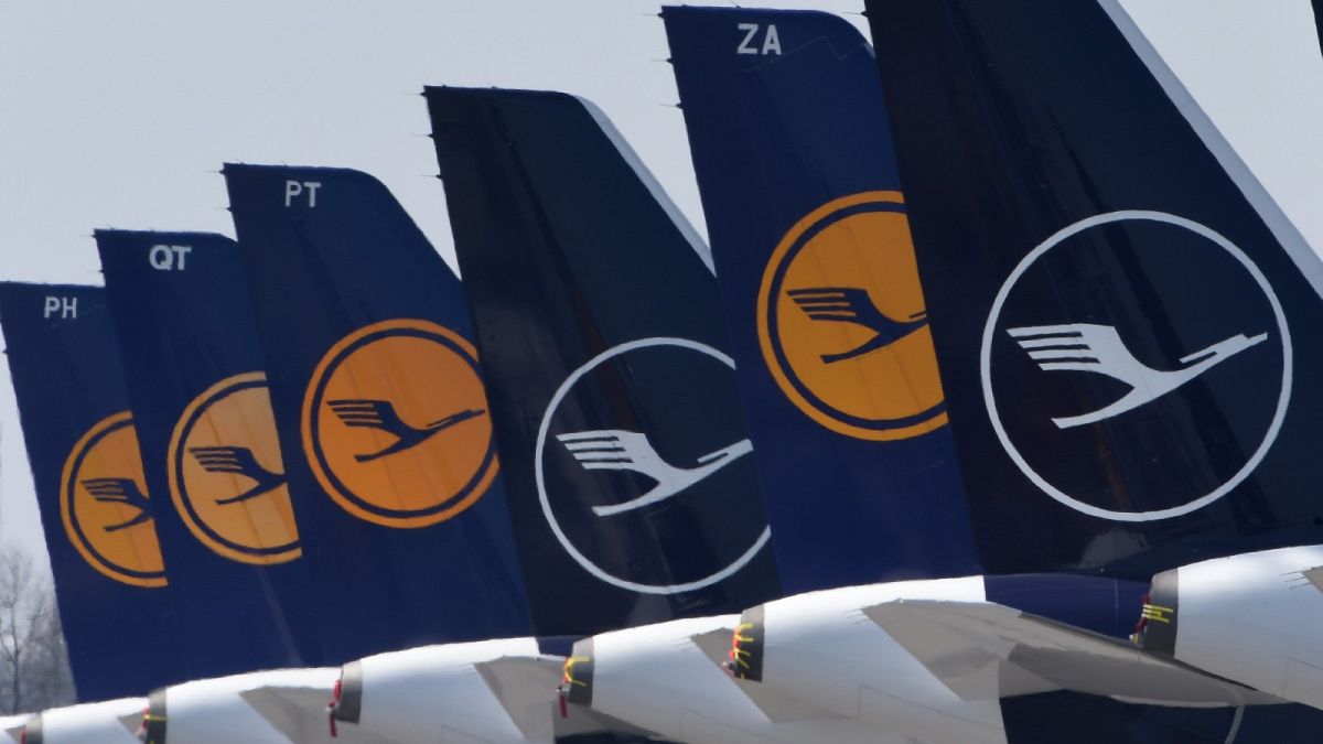 Planes of the German airline Lufthansa parked at the "Franz-Josef-Strauss" airport in Munich, Germany. April 1, 2020