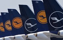 Planes of the German airline Lufthansa parked at the "Franz-Josef-Strauss" airport in Munich, Germany. April 1, 2020