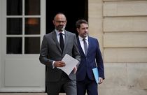 French Prime Minister Edouard Philippe, left, and French Interior Minister Christophe Castaner, arrive to present the details of the health procedures to be adopted for the up