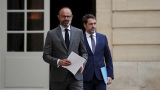 French Prime Minister Edouard Philippe, left, and French Interior Minister Christophe Castaner, arrive to present the details of the health procedures to be adopted for the up