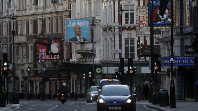 Closed Theatres on London's empty Shaftesbury Avenue in March 2020