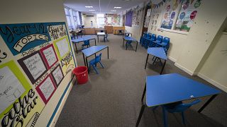 A classroom with safely spaced desks laid out before the possible reopening of Lostock Hall Primary school in Poynton near Manchester, England, Wednesday May 20, 2020.