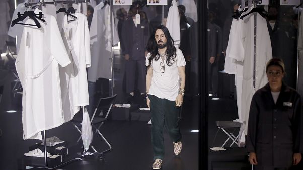 Designer Alessandro Michele walks out at the end of Gucci's Fall/Winter 2020/2021 collection, presented in Milan, Italy. (February, 2020) Designer Alessandro Michele walks out at the end of Gucci's Fall/Winter 2020/2021 collection, presented in Milan, Italy. (February, 2020)