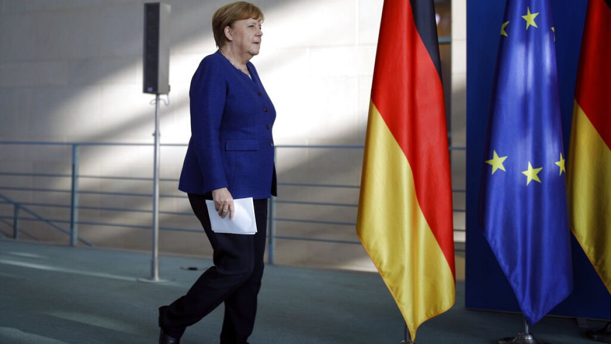 German Chancellor Angela Merkel arrives to address a press conference in Berlin, Wednesday May 20, 2020.