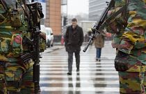 Belgian soldiers patrol in front of EU headquarters in Brussels on Monday, Jan. 19, 2015.