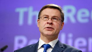 Valdis Dombrovskis during a video press conference in Brussels, Thursday, May 28