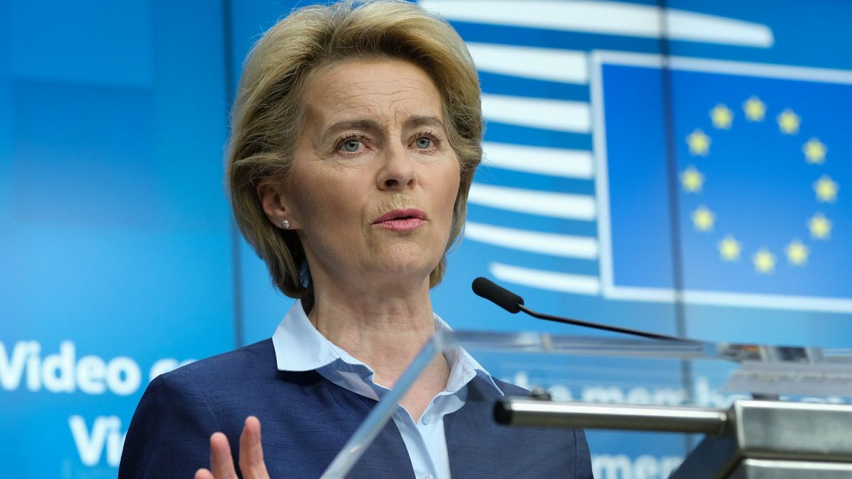 EU Commission President Ursula von der Leyen at the European Council building in Brussels, Thursday, April 23, 2020